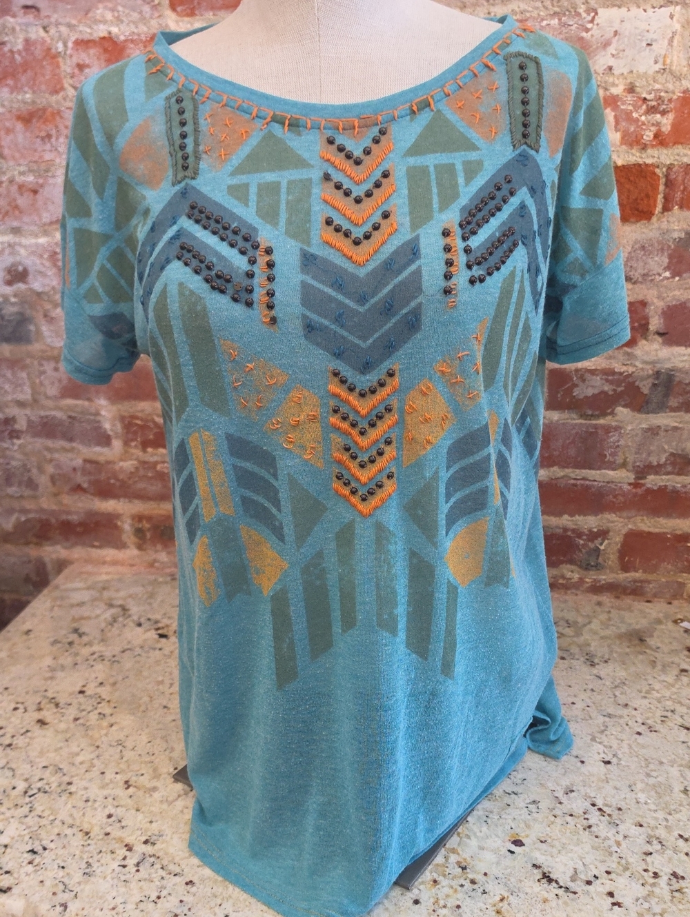 Double D Ranch Teal Short Sleeve Top with Orange and Dark Teal Accents - 1823
